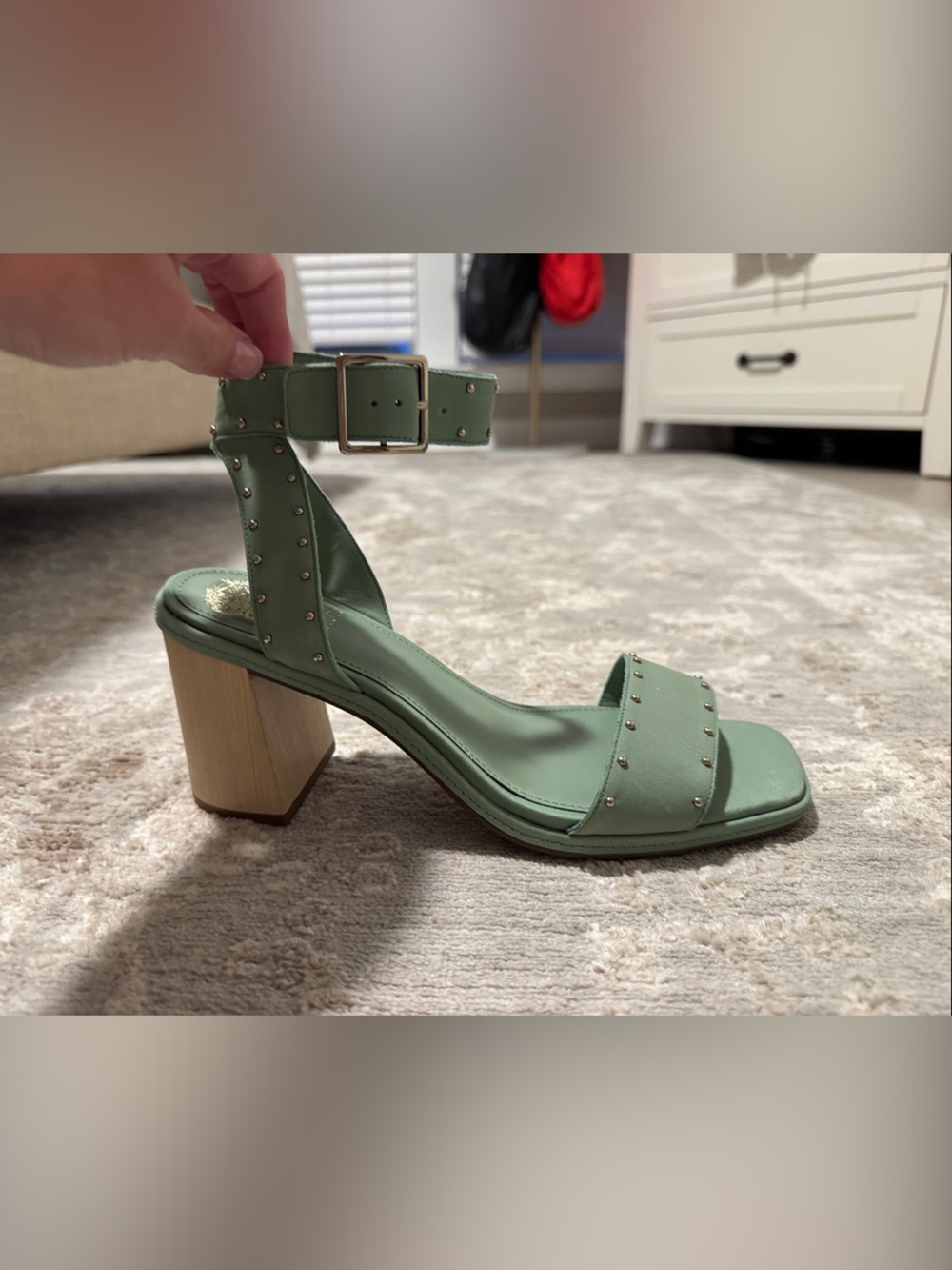 Vince Camuto Sage Green Studded Ankle Strap Block Heels
